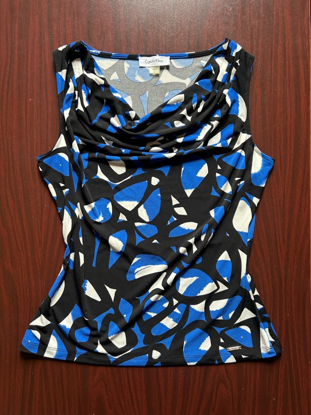 Calvin Klein Black, Blue & White Abstract Cowl Neck Tank